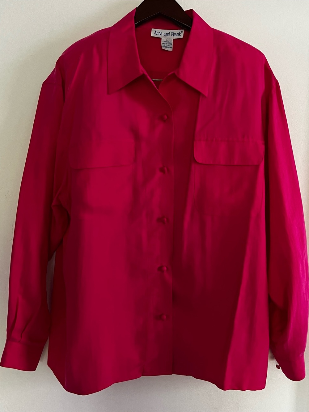 Anna and Frank Women Long-Sleeve Button-Up Shirt 100% Silk Hot Pink Sz L